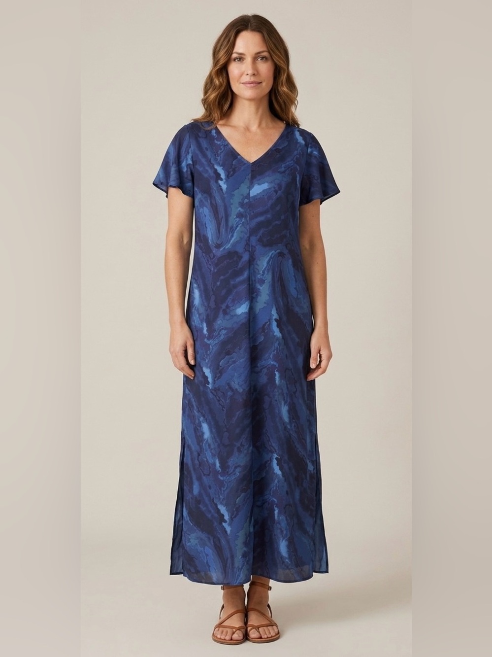 Soft Surroundings Blue Marble Maxi Dress Size M V-Neck Short Sleeve Side‎ Slit